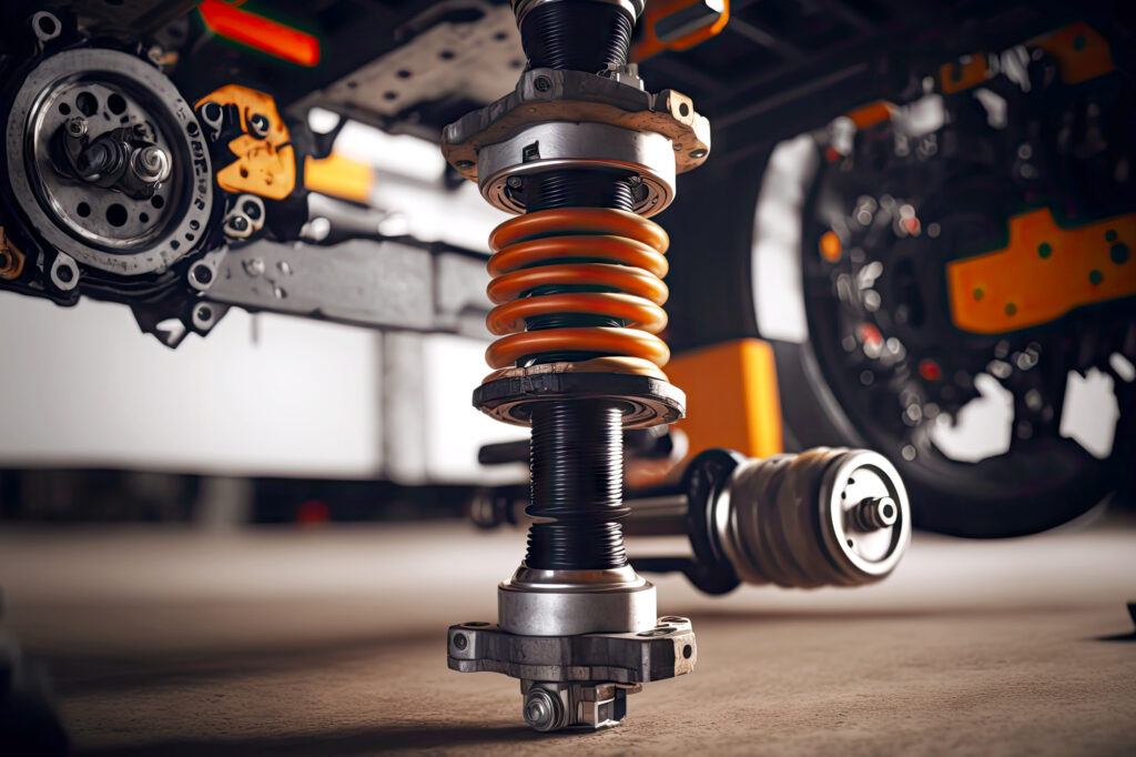repair of car shock absorber in garage of car service by masters